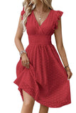Chouyatou Women's 2024 Eyelet Lace Embroidery Smocked Waist Party Dress Sexy Flutter Sleeve A Line Midi Long Sun Dress