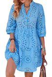 Chouyatou Women's 2025 Eyelet Lace Midi Dress V Neck Puff 3/4 Sleeve Button Tiered Sexy A Line Sun Dress