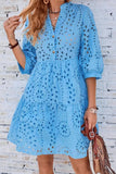 Chouyatou Women's 2025 Eyelet Lace Midi Dress V Neck Puff 3/4 Sleeve Button Tiered Sexy A Line Sun Dress