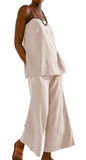 Chouyatou Womens 2 Piece Outfits Cotton Linen Set Spaghetti Strap Cami Top and Wide Leg Pants Matching Sets