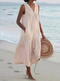 Chouyatou Women's Summer Sleeveless Button Down Linen Tank Dress Loose A-Line Tiered Tunic Beach Dress