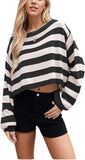 Chouyatou Women's Crewneck Striped Cropped Sweater Long Sleeve Oversized Loose Ribbed Knit Pullover Jumper Tops