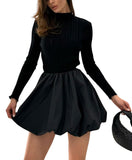 Chouyatou Women Y2k Sweater Dress Turtleneck Long Sleeve Bubble Mini Skirt Puffy Short Dress