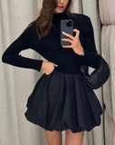 Chouyatou Women Y2k Sweater Dress Turtleneck Long Sleeve Bubble Mini Skirt Puffy Short Dress