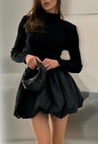 Chouyatou Women Y2k Sweater Dress Turtleneck Long Sleeve Bubble Mini Skirt Puffy Short Dress