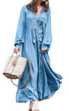 Chouyatou Women's Spring Long Sleeeve Tiered Denim Dress Summer Flowy A-Line Maxi Long Tunic Dress