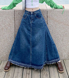Chouyatou Women's Back Elastic High Waist A-Line Maxi Long Denim Jean Skirt
