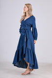 Chouyatou Womens Casual Belted Long Sleeve Denim Dress Wrapped V-Neck Ruffle Hem Maxi Denim Dresses for Women 2025