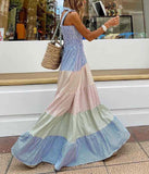 Chouyatou Women's Color Block Striped Smocked Maxi Dress Sexy Spaghetti Strap Tiered Flowy Beach Maxi Dress