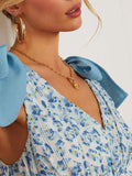 Chouyatou Women's Summer Boho Floral Print Dress Tie Knot Strap V-Neck Swing Maxi Beach Dress