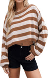 Chouyatou Women's Crewneck Striped Cropped Sweater Long Sleeve Oversized Loose Ribbed Knit Pullover Jumper Tops