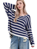 Chouyatou Women's 2024 Fall Striped Ovesized Sweaters Casual Long Sleeve V Neck Side Slit Crochet Knit Pullover Tops