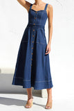 Chouyatou Women's Adjustable Strap Midi Long Denim Dress 2025 Button Down A-Line Swing Flowy Jean Dress