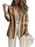 Chouyatou Women's Casual Notched Lapel Double Breasted Large Pocket Ribbed Blazer Jacket