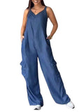 Chouyatou Womens Denim Overalls Jumpsuits Casual V-Neck Adjustable Straps Wide Leg Cargo Pants Twill Chino Bib Overalls