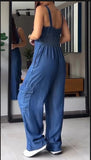 Chouyatou Womens Denim Overalls Jumpsuits Casual V-Neck Adjustable Straps Wide Leg Cargo Pants Twill Chino Bib Overalls