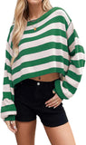 Chouyatou Women's Crewneck Striped Cropped Sweater Long Sleeve Oversized Loose Ribbed Knit Pullover Jumper Tops