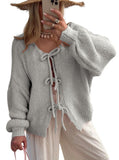 PICSCOVER Women's Cute Bow Knot Cardigan Fall Casual Oversized Ribbed Knit Sweater Cardigan Tops