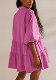 Chouyatou Women's Summer Puff Sleeve Tiered Tunic Babydoll Dress Cute Mini Button Down Shirt Dress