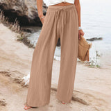 Chouyatou Wide Leg Linen Pants for Women Casual Loose Fit High Waisted Pants with Drawstrings