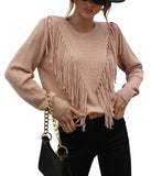 Chouyatou Women's Casual Crewneck Fringe Tassel Knitted Pullover Sweater Jumper Tops