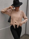 Chouyatou Women's Casual Crewneck Fringe Tassel Knitted Pullover Sweater Jumper Tops