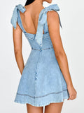 Chouyatou Women’s Summer Tie Shoulder Sleeveless Denim Mini Dress Ruffle A Line Swing Short Denim Dress