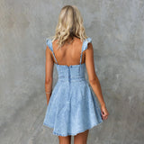 Chouyatou Denim Dress for Women Ruffle Adjustable Strap Sleeveless Backless Babydoll Mini Jean Dresses