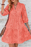 Chouyatou Women's 2025 Eyelet Lace Midi Dress V Neck Puff 3/4 Sleeve Button Tiered Sexy A Line Sun Dress