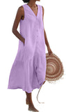 Chouyatou Women's Summer Sleeveless Button Down Linen Tank Dress Loose A-Line Tiered Tunic Beach Dress
