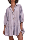 Chouyatou Women's Summer Puff Sleeve Tiered Tunic Babydoll Dress Cute Mini Button Down Shirt Dress