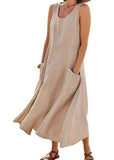 Chouyatou Women's Summer Casual Tank Dress Sleeveless Cotton Linen Long Maxi Dress with Pockets