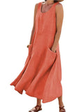 Chouyatou Women's Summer Casual Tank Dress Sleeveless Cotton Linen Long Maxi Dress with Pockets