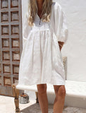 Chouyatou Women's Summer Puff Sleeve Cotton Tunic Dress V-Neck Mini Vacation Babydoll Dress