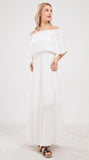 Chouyatou Women's Summer Off Shoulder Ruffle Linen Dress Short Sleeve Mid Rise Beach Boho Long Maxi Dress