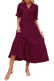Chouyatou Women's Summer Boho Embroidery Eyelet Dress V-Neck Collared Tiered Midi Tunic Dress