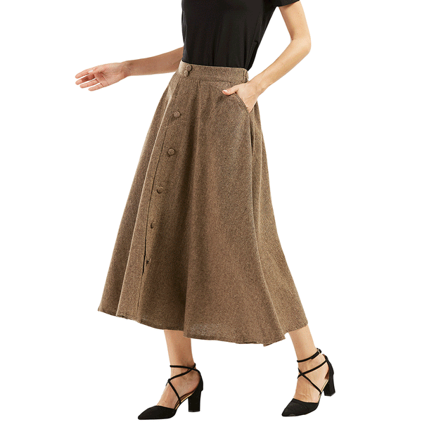 Chouyatou Women Vintage High Waist Front Button Long Skirt With Pocket Chouyatou 3661